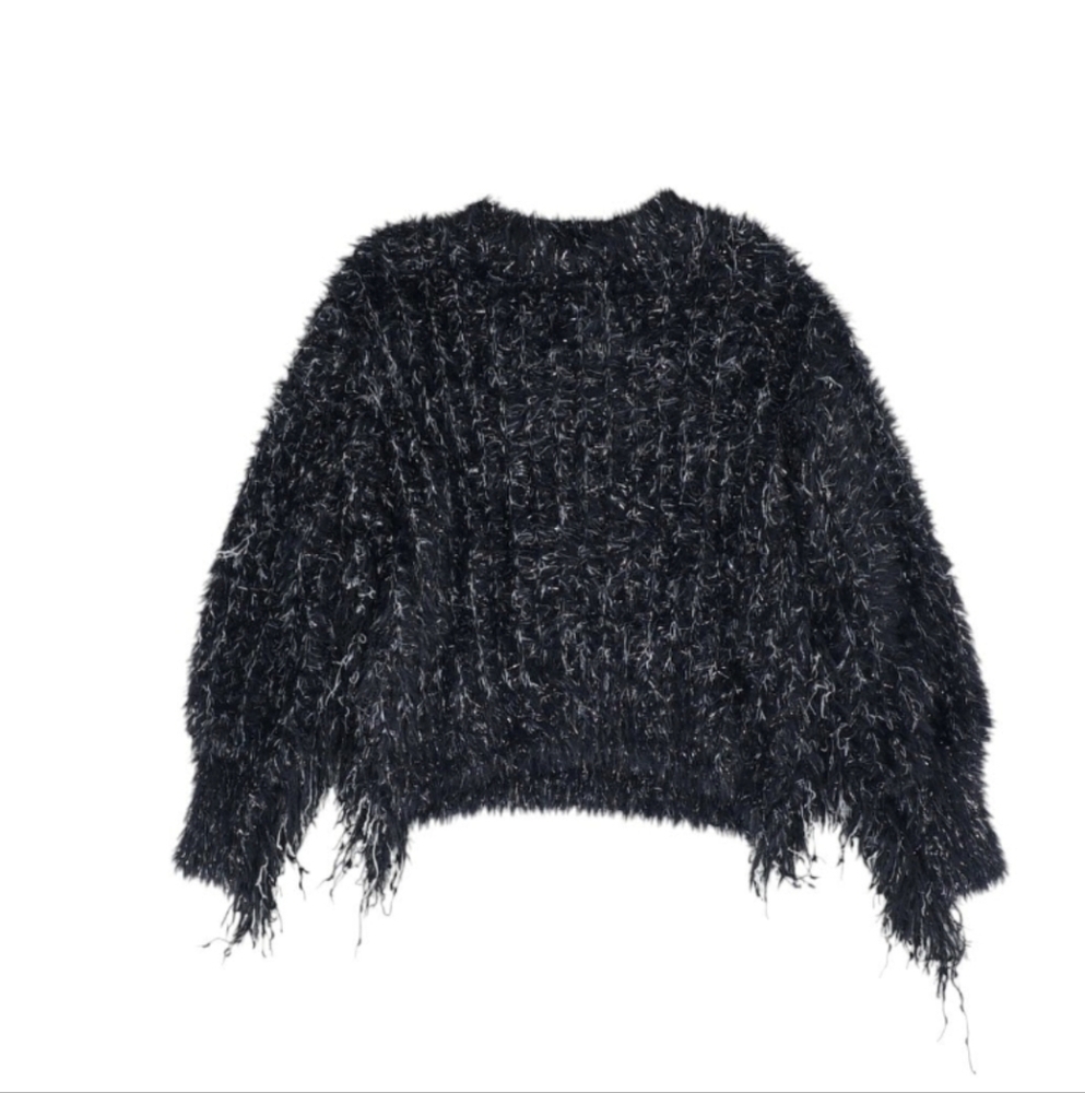 POL/Black & Silver Sparkly/Furry Eyelash Sweater/Tassel Fringe/Relaxed Fit